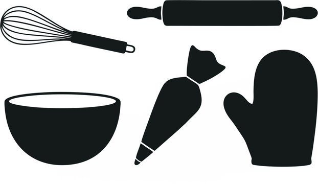 Baking and pastry craft equipment silhouettes collection solid black shapes