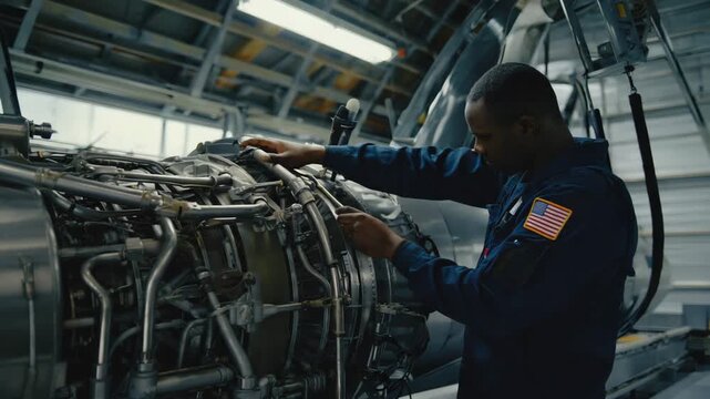 Aircraft Mechanic Inspecting and Maintaining a Large Jet Engine in a Hangar Workshop Environment.