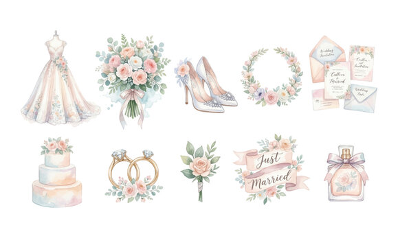 Watercolor Wedding Clipart Set Vol.2 &mdash; 10 Elegant Bridal & Romance Elements PNG SVG Vector Illustration