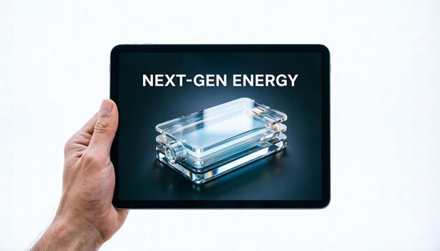 A hand holding a tablet displaying a 3D translucent solid-state battery icon with "NEXT-GEN ENERGY" text.