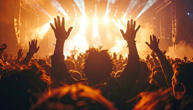 A crowd of people with their hands raised in excitement at a concert.