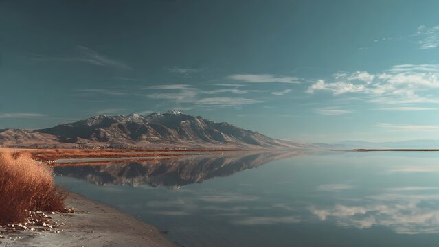 Calm Desert Lake Landscape with Snowy Mountains Reflected in Still Water