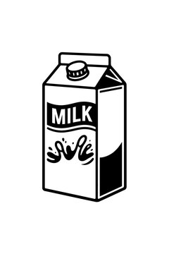 Black and white vector illustration of a milk carton with 'MILK' text and a splash design, featuring a screw cap. Perfect for dairy, food, and beverage branding, emphasizing purity, freshness, and ess