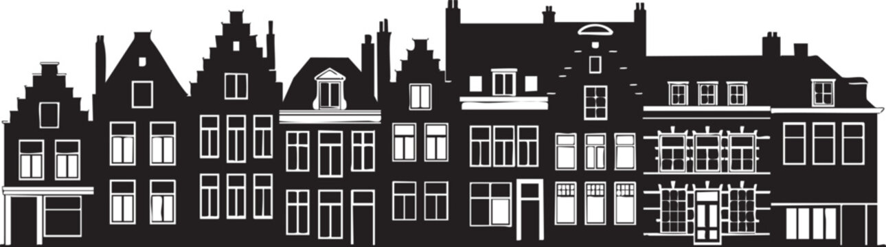 Black silhouette of traditional Dutch houses with white outlines black and white traditional architecture