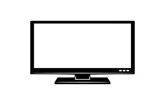 Clean Black and White Vector Icon of a Modern Flat Screen Computer Monitor or Television Display with Stand, Ideal for UI/UX Design Elements, Technology Illustrations, Digital Graphics, and Web Interf