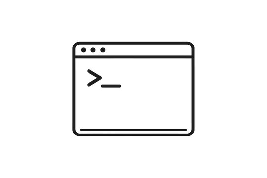 Minimalist vector outline icon of a Command Line Interface (CLI) terminal window with `>_` prompt. Represents programming, coding, software development, system administration, shell scripting, and com