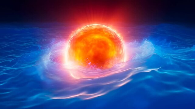 Glowing molten orb emerging from blue ocean with dramatic lighting and dynamic splash hovering above neon ocean waves with fiery orange and electric blue contrast glowing molten sphere floating ocean