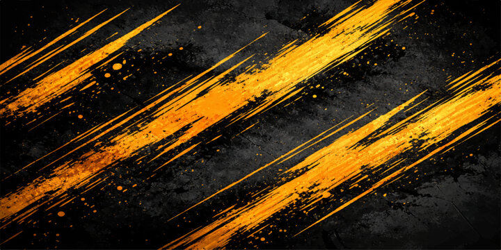 Abstract grunge background featuring dirty yellow and orange warning stripes on a dark, weathered metal wall texture with a vintage, grungy design