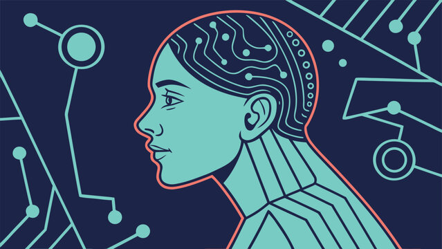 Artificial intelligence concept with female robot profile, digital brain and circuit board patterns, futuristic cybernetic woman vector illustration