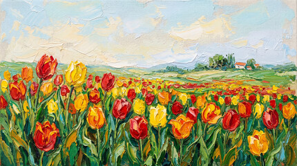 Obraz premium Impressionist Oil Painting of a Vibrant Tulip Field in a Rural Landscape under a Cloudy Sky