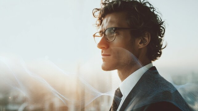 International Noise Awareness Day:3D render of a confident businessman in a sleek glass office overlooking a city skyline,surrounded by subtle transparent noise waves that dissolve before reaching him