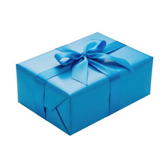 Obraz premium A bright blue gift box with a ribbon tied around it isolated on transparent background