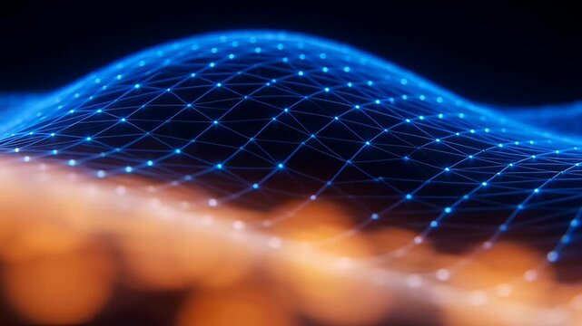 Blue luminescent network mesh forming flowing grid with glowing nodes and warm orange bokeh lights. abstract futuristic technology motion and connectivity in dynamic digital wave