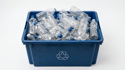 Full blue plastic recycling bin overflowing with empty clear water beverage containers against white background © Aditiya