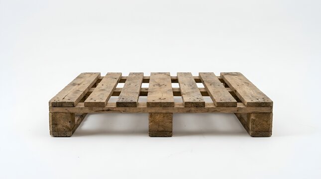 Old wooden shipping pallet made from distressed timber, isolated on a clean white background.