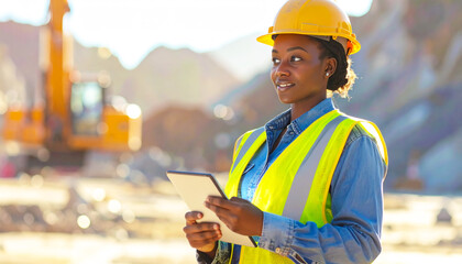 Obraz premium Construction worker using tablet while standing at building site