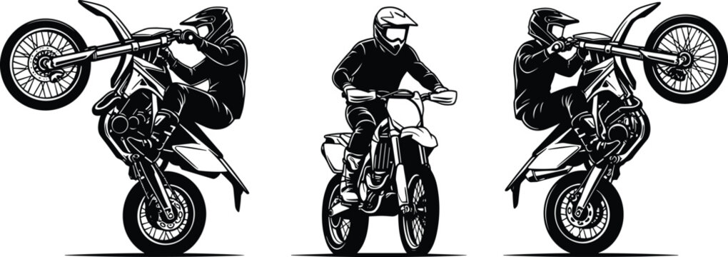 Black and white vector illustration set of a motocross rider performing wheelies and riding a dirt bike for sports design