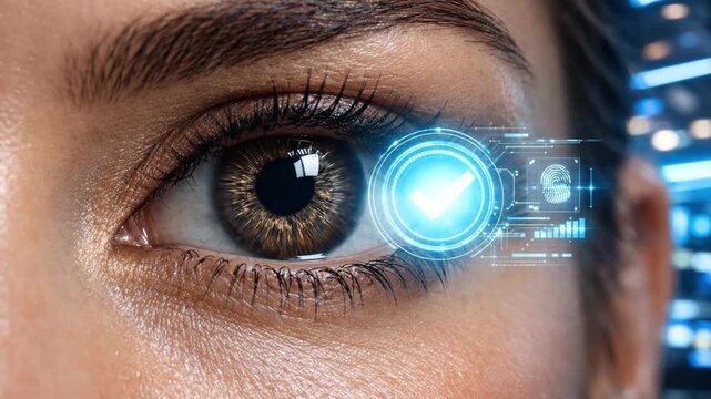 Extreme Close-Up of Human Eye with Futuristic Digital Biometric Iris Scanning Interface &mdash; Cybersecurity Authentication, Contactless Biometric Payment and Advanced Identity Verification Technology 
