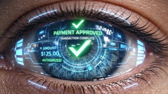Extreme Close-Up of Human Eye with Futuristic Digital Biometric Iris Scanning Interface &mdash; Cybersecurity Authentication, Contactless Biometric Payment and Advanced Identity Verification Technology Conc