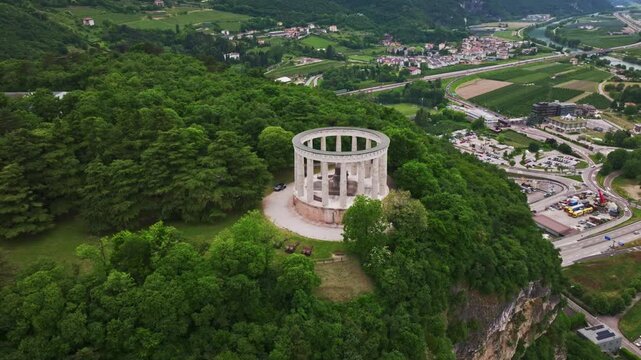Aerial drone view of the Mausoleum of Cesare Battisti in Parco Naturale del Doss Trento, Italy.