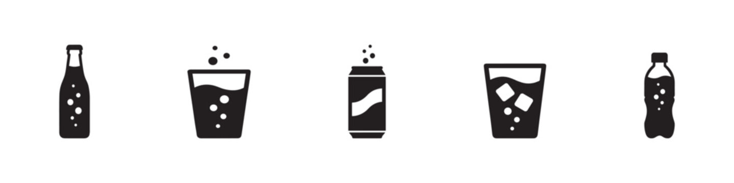 Soft drink and beverage icon set, soda can, bottle and glass with ice, flat vector illustration.