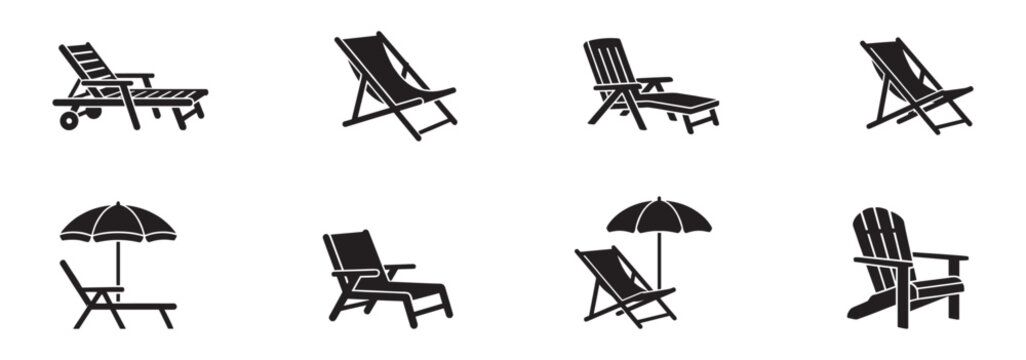 Beach chairs and sun umbrellas lounge icons set flat vector illustration.