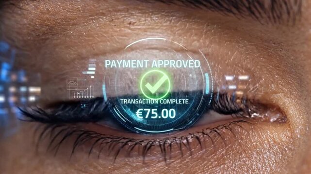 Extreme Close-Up of Human Eye with Futuristic Digital Biometric Iris Scanning Interface &mdash; Cybersecurity Authentication, Contactless Biometric Payment and Advanced Identity Verification Technology Conc