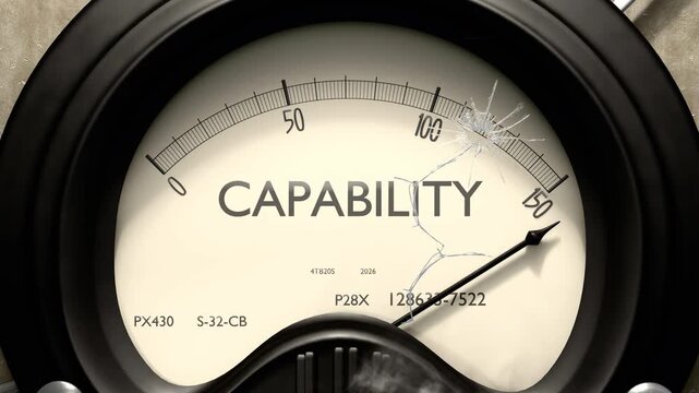 Capability meter showing big levels of capability. Dangerously increasing high values of capability, critical overload. Too much, off the charts. Max capability