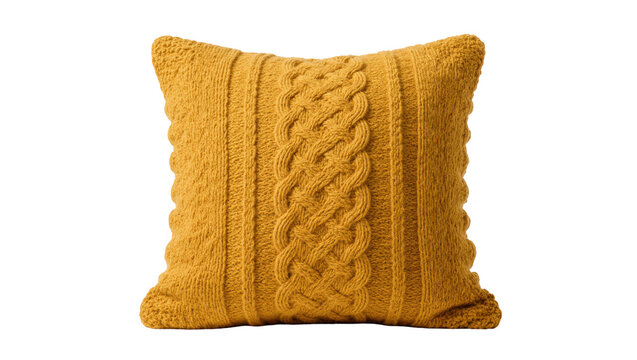 Warm golden yellow knitted pillow with decorative cable knit pattern and scalloped edges