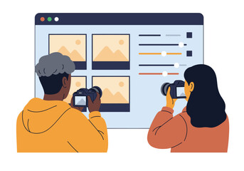 Fototapeta premium Photographers review image editing on a screen, assisted by a colleague. Modern, collaborative workspace with cameras and editing tools. Bright, professional setting.