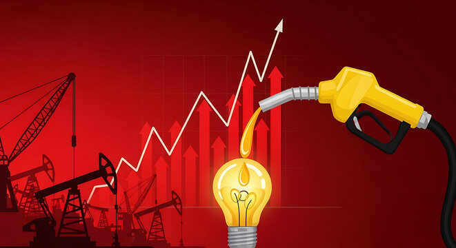 lobal Energy Price Increase Concept with Fuel Pump Filling Lightbulb and Rising Red Financial Chart.