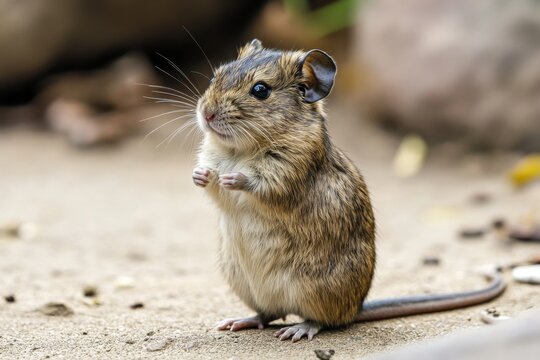 Alert degu stands on hind legs showing curiosity in its natural habitat during daylight hours