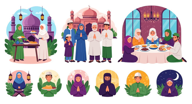 Eid Mubarak greetings with families celebrating festive meals and traditional attire, evoking joy and community spirit during Islamic holidays