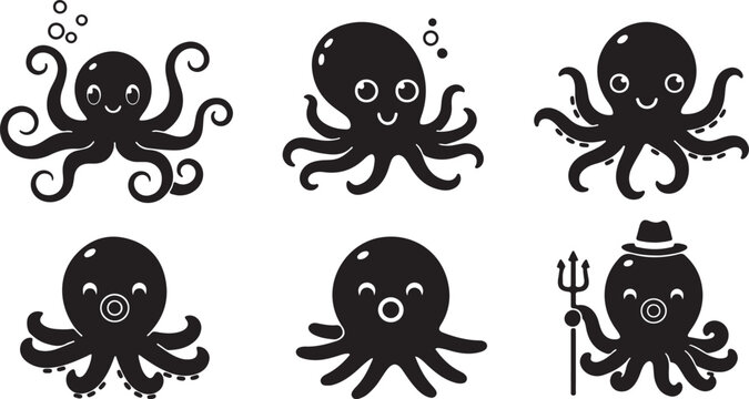 Octopus tentacles outline icons. Monochrome limbs of the sea monster kraken. Set of sea octopus twisted tentacles with suckers vector illustration.