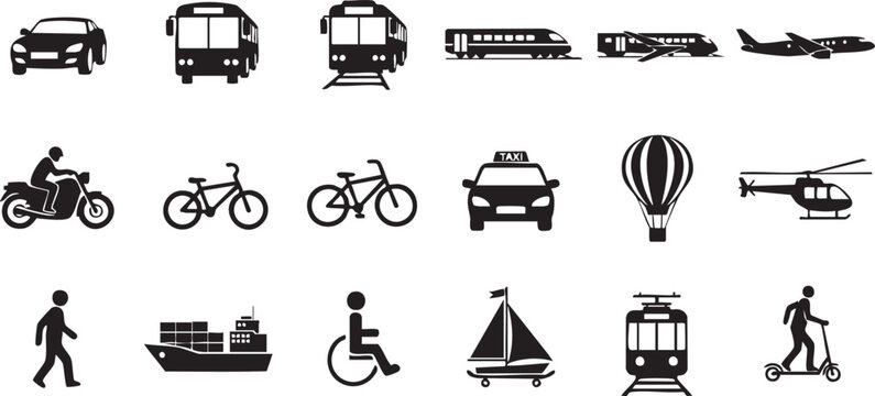Black silhouettes of various transportation modes on white background vehicles signs symbols