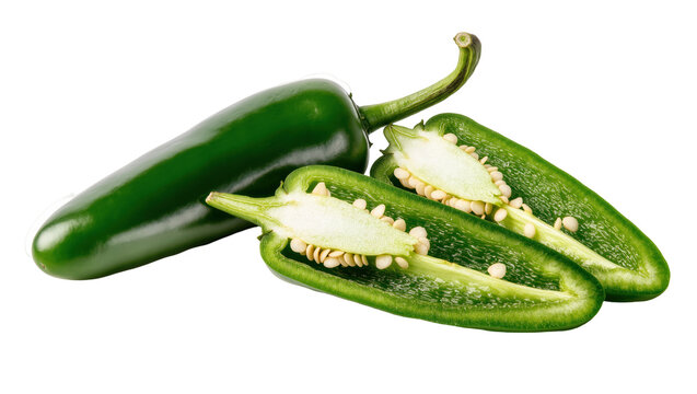 Fresh vibrant green jalape&ntilde;o peppers, one whole and two halves revealing seeds for spice
