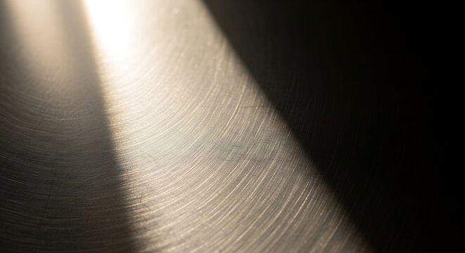 A beam of light shines on a metallic surface with circular scratches in a dark room.