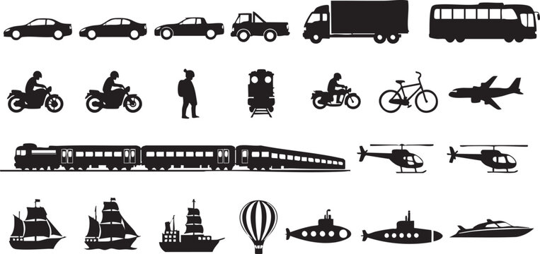 Black silhouettes of various transportation vehicles and modes