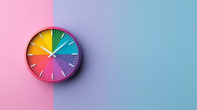 Achieving business success with time management is illustrated by colorful wall clock on pastel pink and blue background, symbolizing organization and productivity