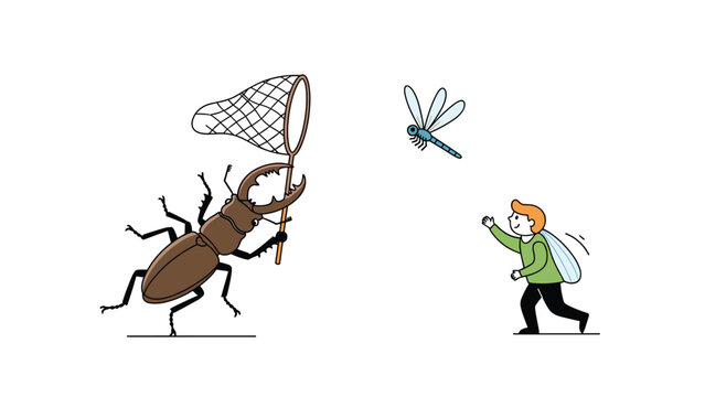 Surreal illustration of a giant stag beetle with a net chasing a dragonfly while a boy with wings runs through the white space.