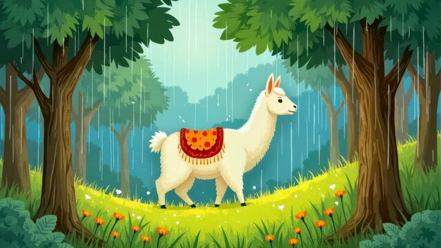 Children riding alpacas and strolling in the forest painting