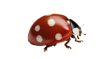Macro shot of a bright red ladybug with white spots, captured in detailed profile © Trym