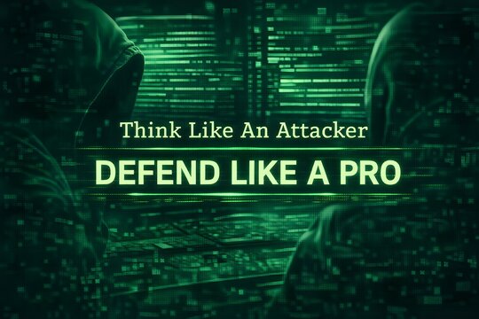 Cyber defense concept artwork showing hooded attackers and glowing text about defensive expertise within green digital code environment representing professional cybersecurity strategy