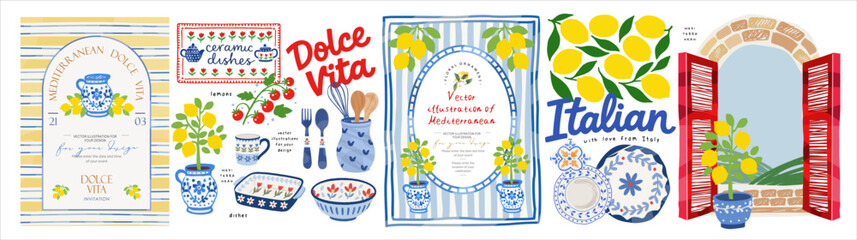 Fototapeta na wymiar Mediterranean Italian Dolce Vita. Vector summer illustrations: lemon, blue ceramic dishes, pottery, window, invitation, Amalfi Coast, frame, border, background, cherry tomatoes, and plate for design a