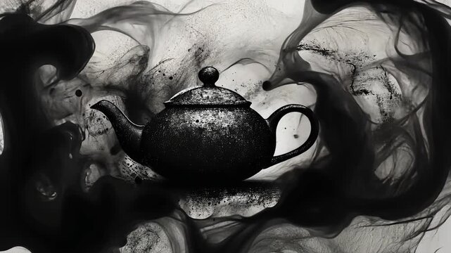 Dark teapot amidst swirling ink