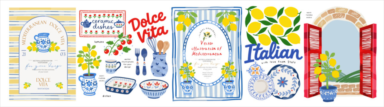 Mediterranean Italian Dolce Vita. Vector summer illustrations: lemon, blue ceramic dishes, pottery, window, invitation, Amalfi Coast, frame, border, background, cherry tomatoes, and plate for design a