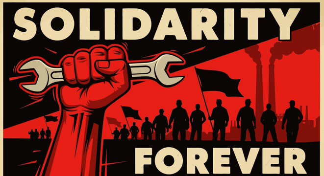 Vintage solidarity forever propaganda poster, industrial labor union protest art, raised fist holding wrench with factory worker silhouettes