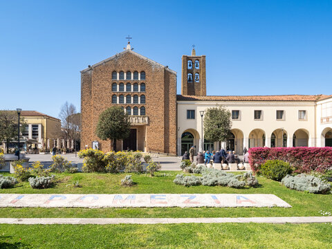 Chiesa di San Benedetto Abate,  church of the '30s in a rationalist architectural style in Piazza Indipendenza of Pomezia, Italy