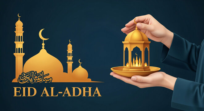 Digital illustration for Eid al-Adha featuring hands holding a golden lantern, accompanied by a golden mosque silhouette, minarets, and Arabic calligraphy on a dark teal background.