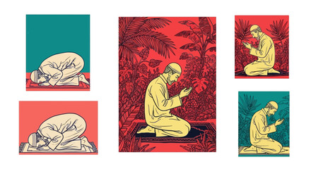 Obraz premium Illustrations of a Muslim man praying in a serene setting, conveying devotion and peace
